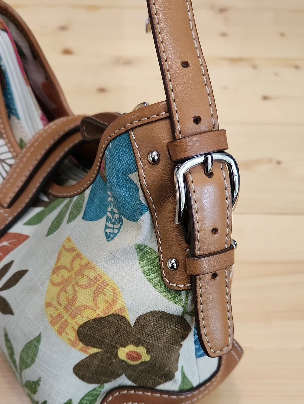 Vintage Fossil Floral Canvas Shoulder Bag Leather Trim Y2k - Picture 13 of 17